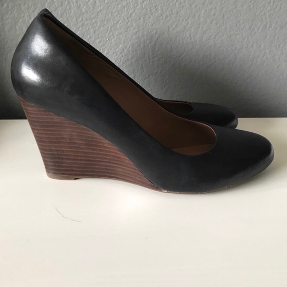 Clarks Black Leather Wedges with Wooden Brown Heel